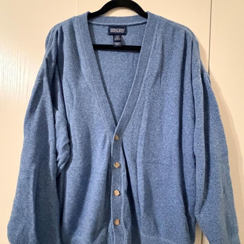 Lands End Men's Blue Ribbed Knit Cardigan
